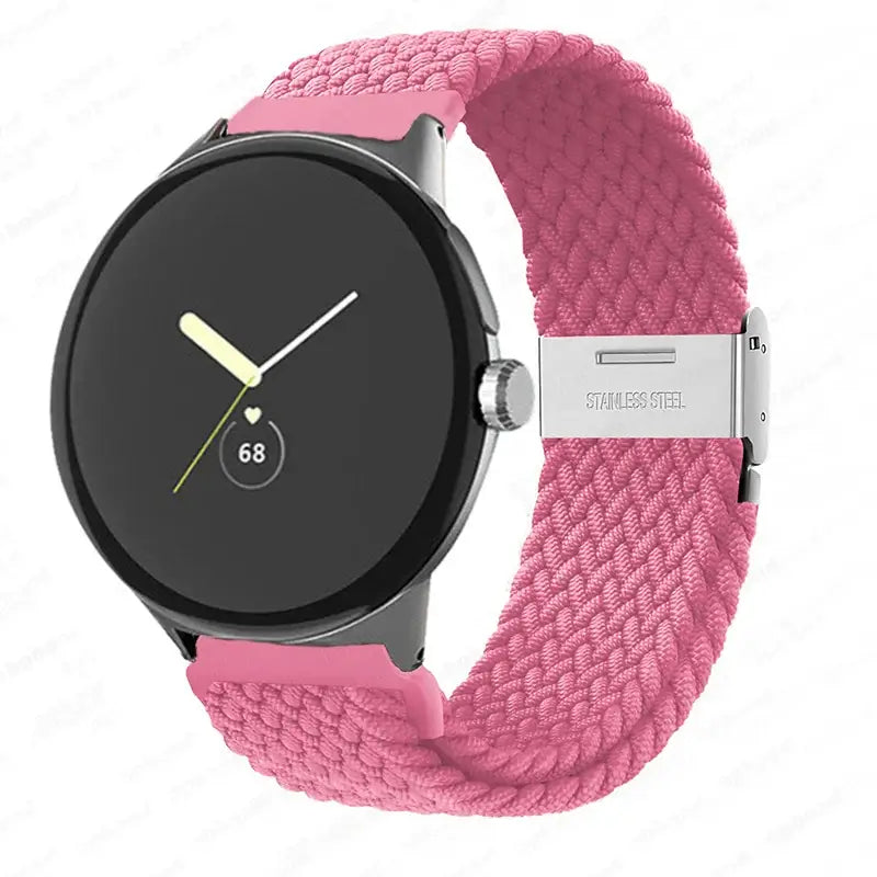 Braided Nylon Google Pixel Watch Band with Metal Clasp in Pink
