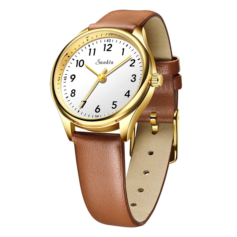 Women's Arabic Numeral Quartz Watch — Brown Strap / Gold Tone / White Dial — BandsCo Straps