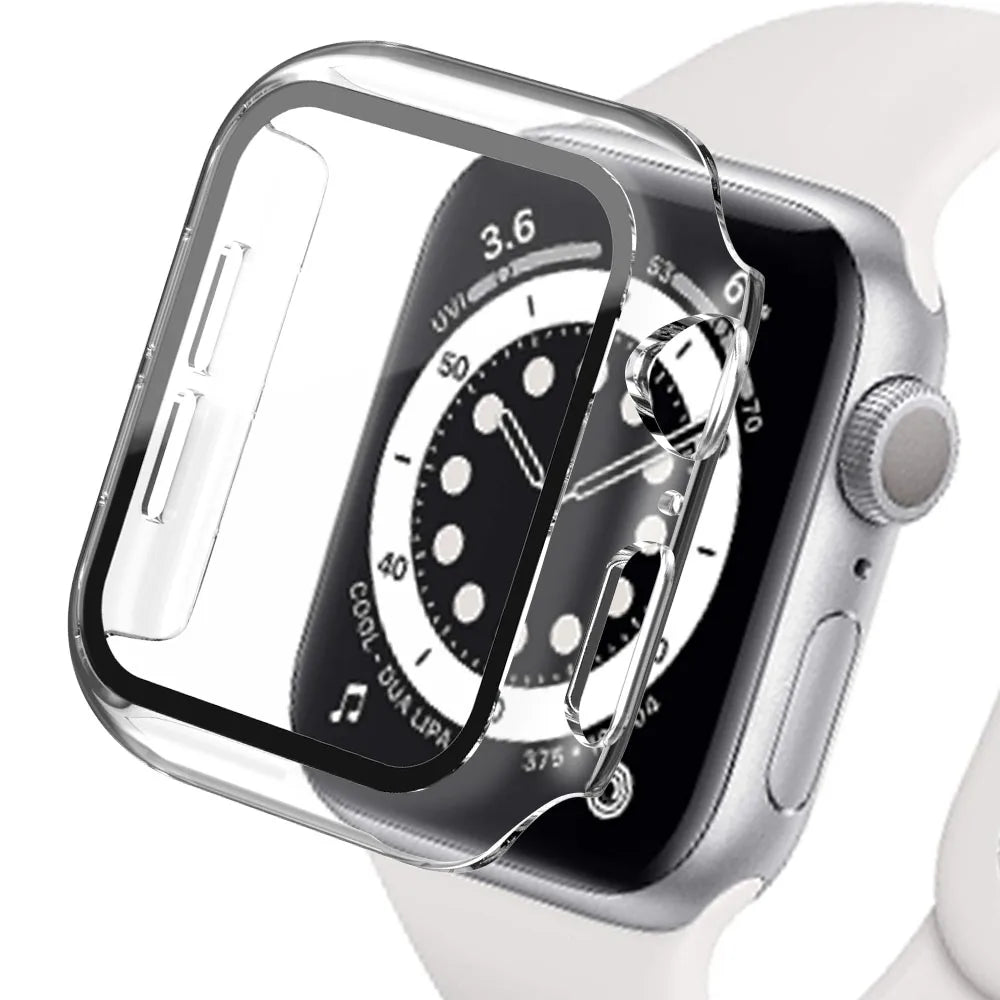 Clear protective case for Apple Watch, offering full-body coverage and stylish design for durability.