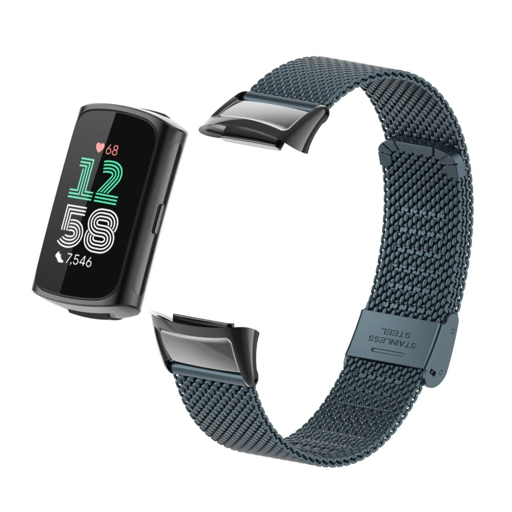 Blue Gray Fitbit Charge 5 and 6 Stainless Steel Mesh Band with Clasp