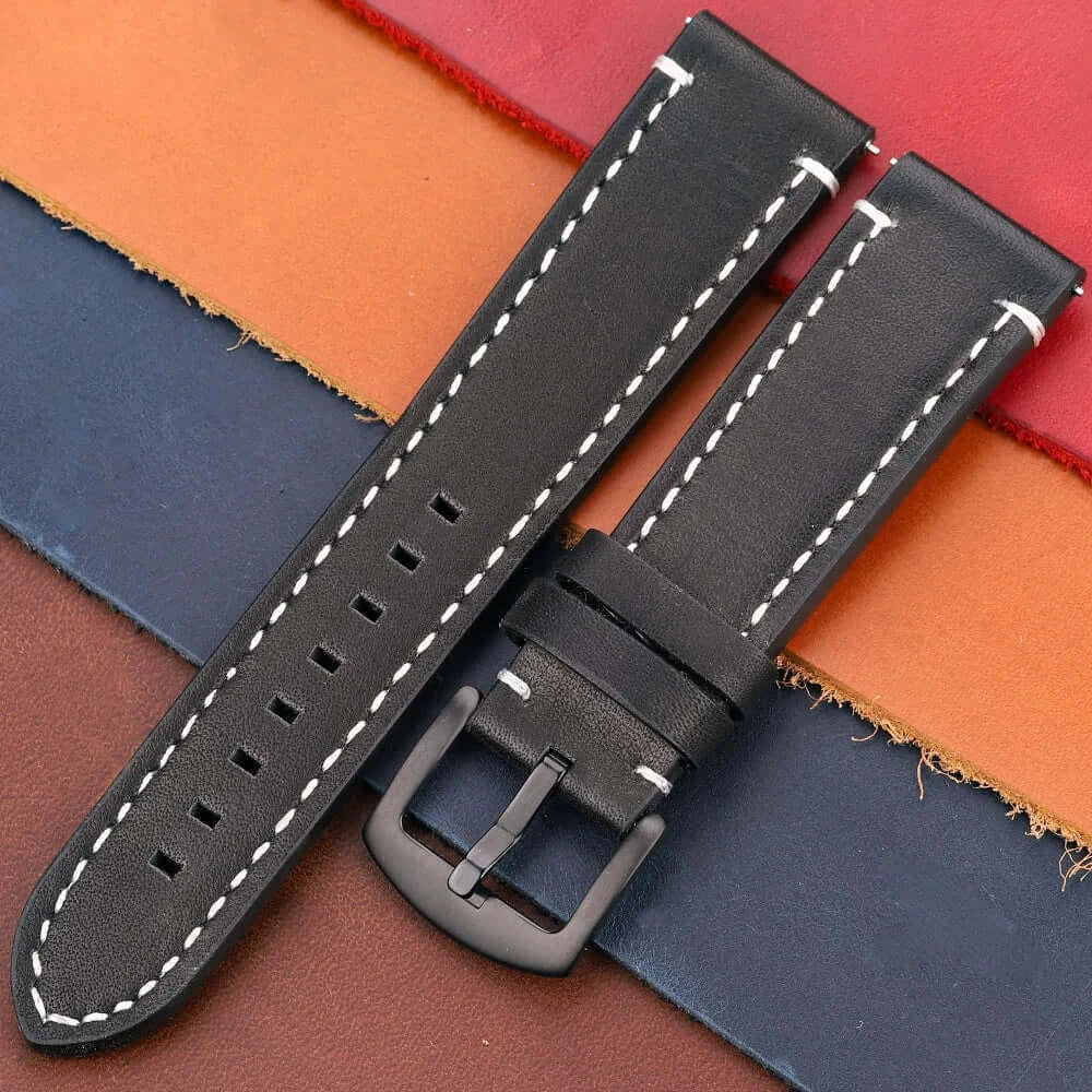 Suunto Contrast-Stitched Leather Buckle Band - Black / Black Buckle