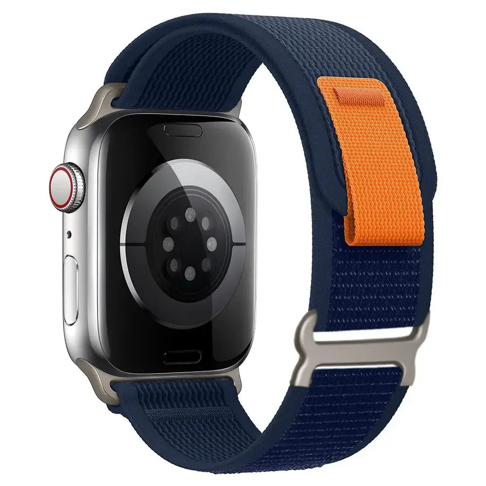 Navy / Orange woven nylon Apple Watch band with pull tab