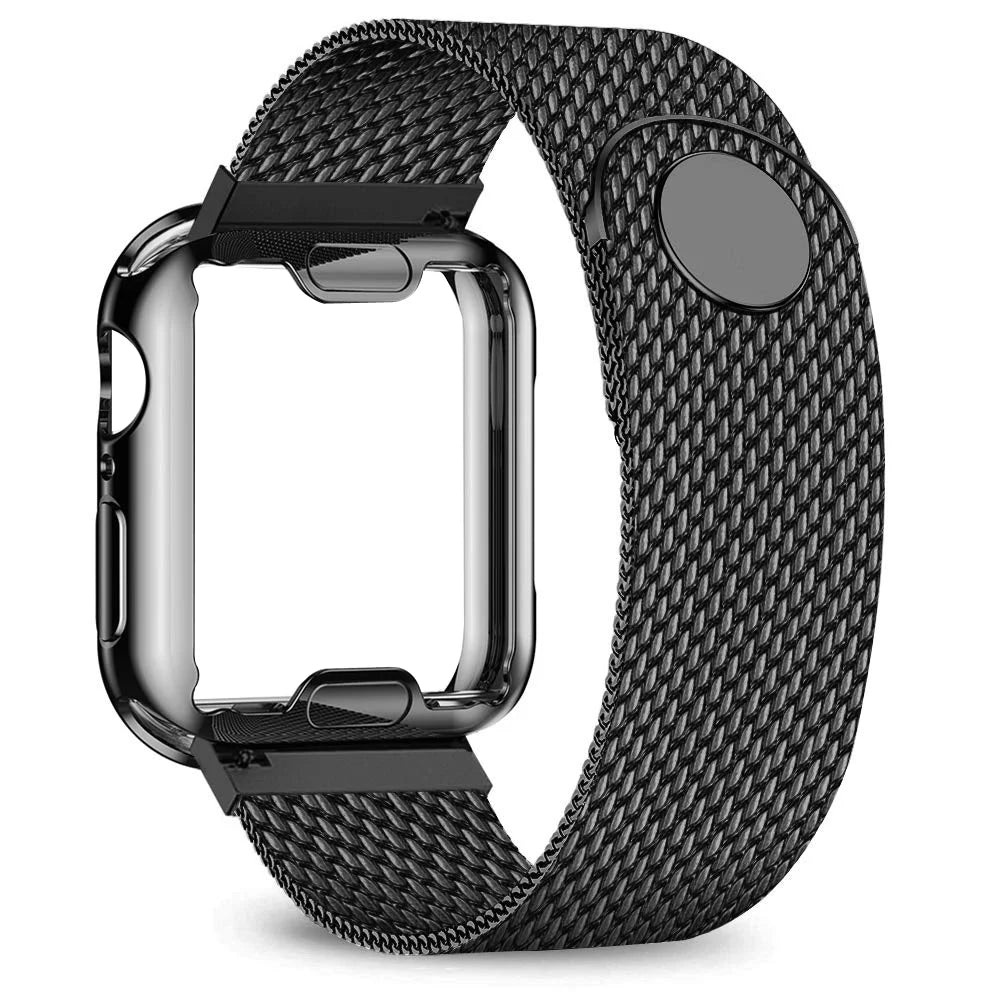 Magnetic Milanese Mesh Apple Watch Band with Matching Case in Black