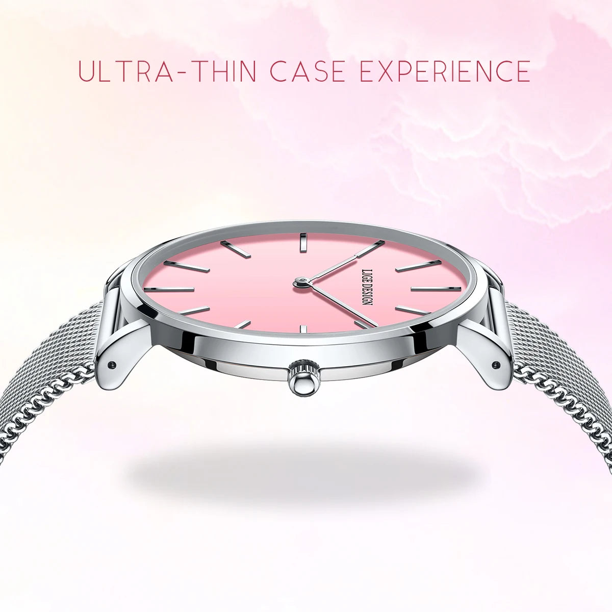 Women's Minimalist Quartz Watch with Stainless Steel Mesh Band — Slim round case profile