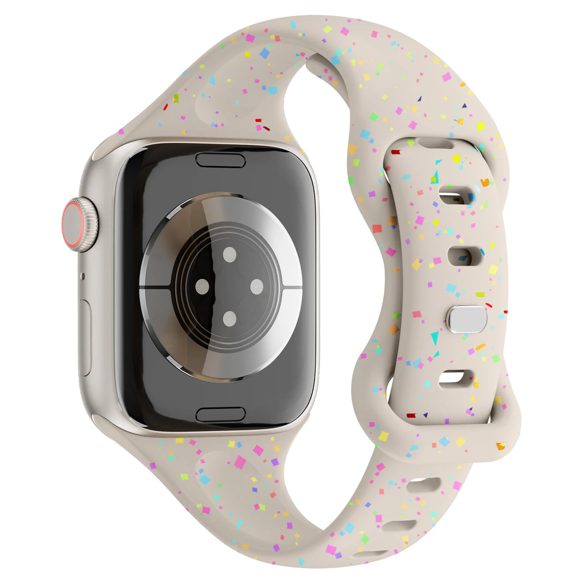 Rear view of ivory confetti-speckle band and buckle for Apple Watch