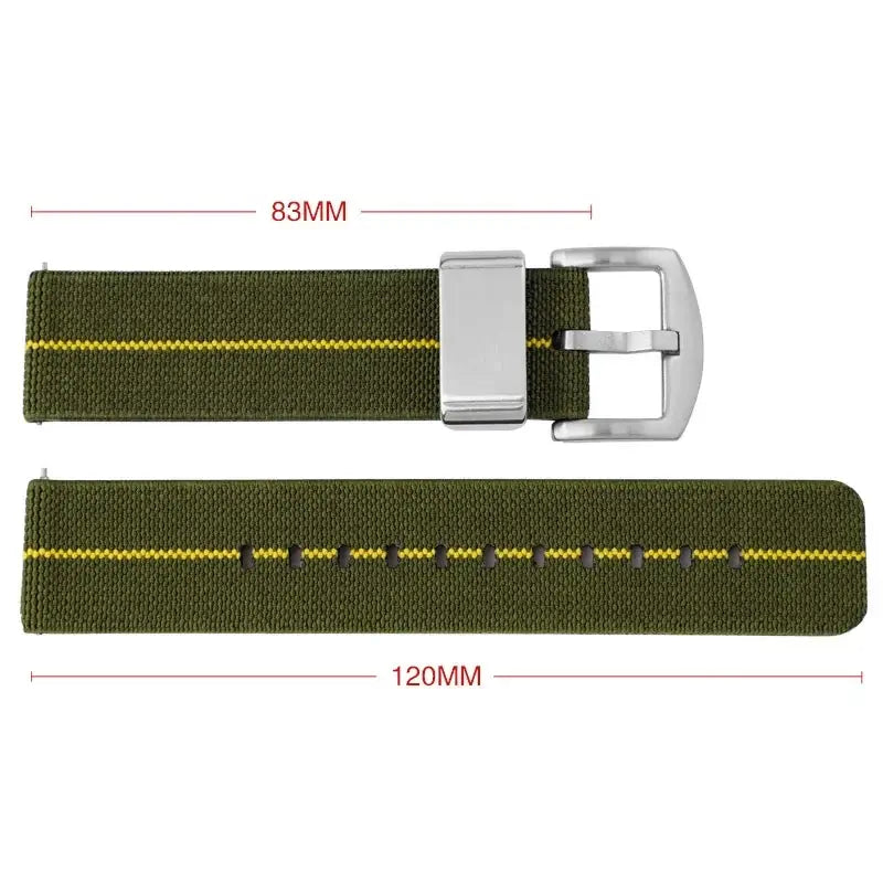 Army-green striped nylon band dimension diagram for compatible Huawei watches