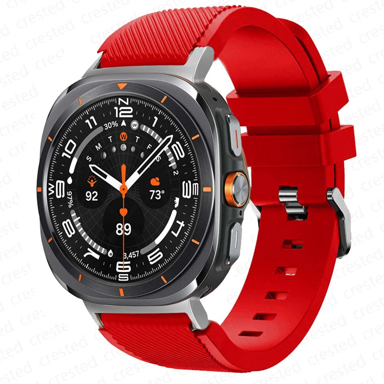Samsung Galaxy Silicone Sport Watch Band - 20mm/Ultra+Ultra2 on a smartwatch in bright red color.