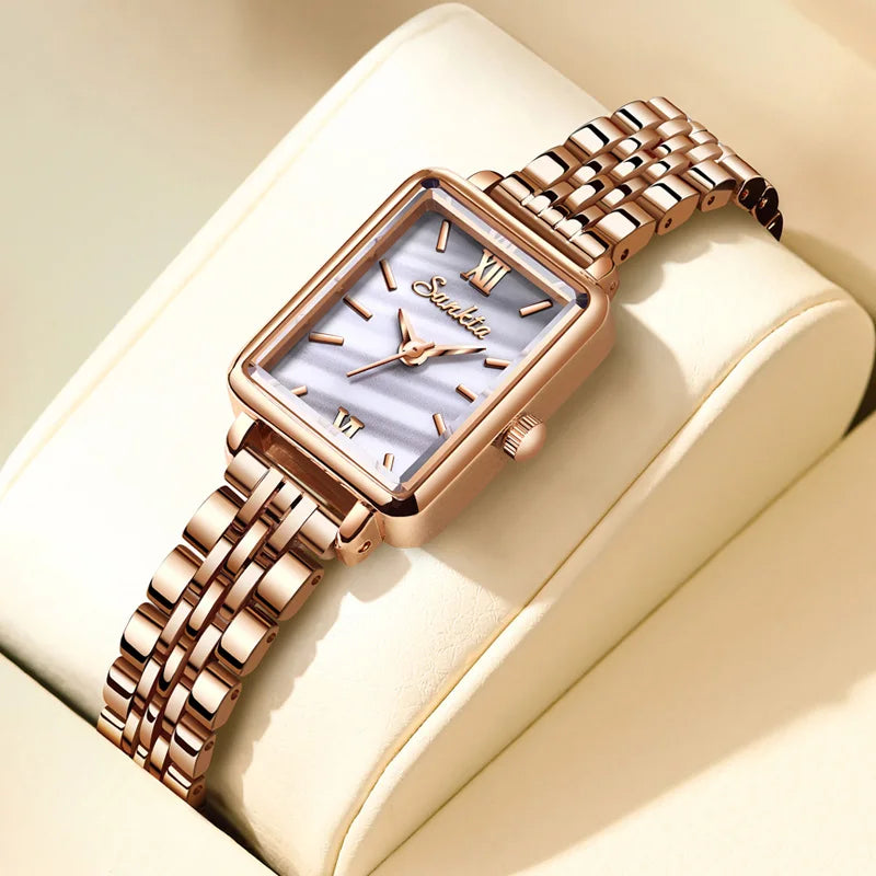 Women's Rectangular Pearl-Effect Dial Watch — Rose Gold Tone / White Dial — BandsCo Straps