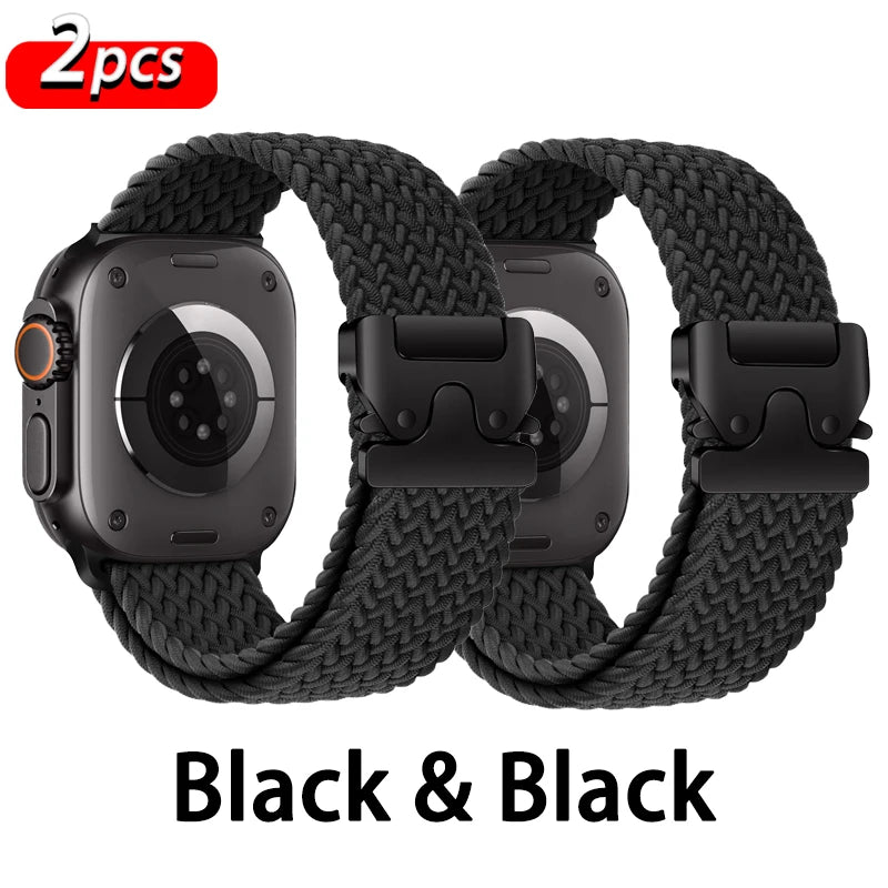 2-Pack: Black + Black braided nylon Apple Watch band with parachute-style buckle