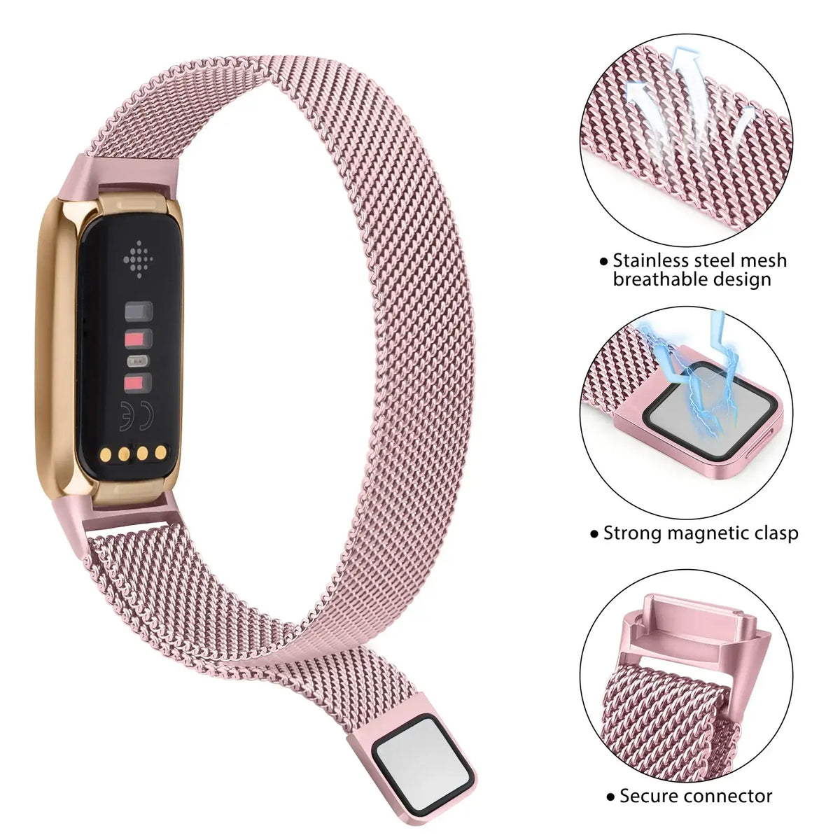 Fitbit Luxe Magnetic Stainless Steel Mesh Band - Magnetic tip and mesh details