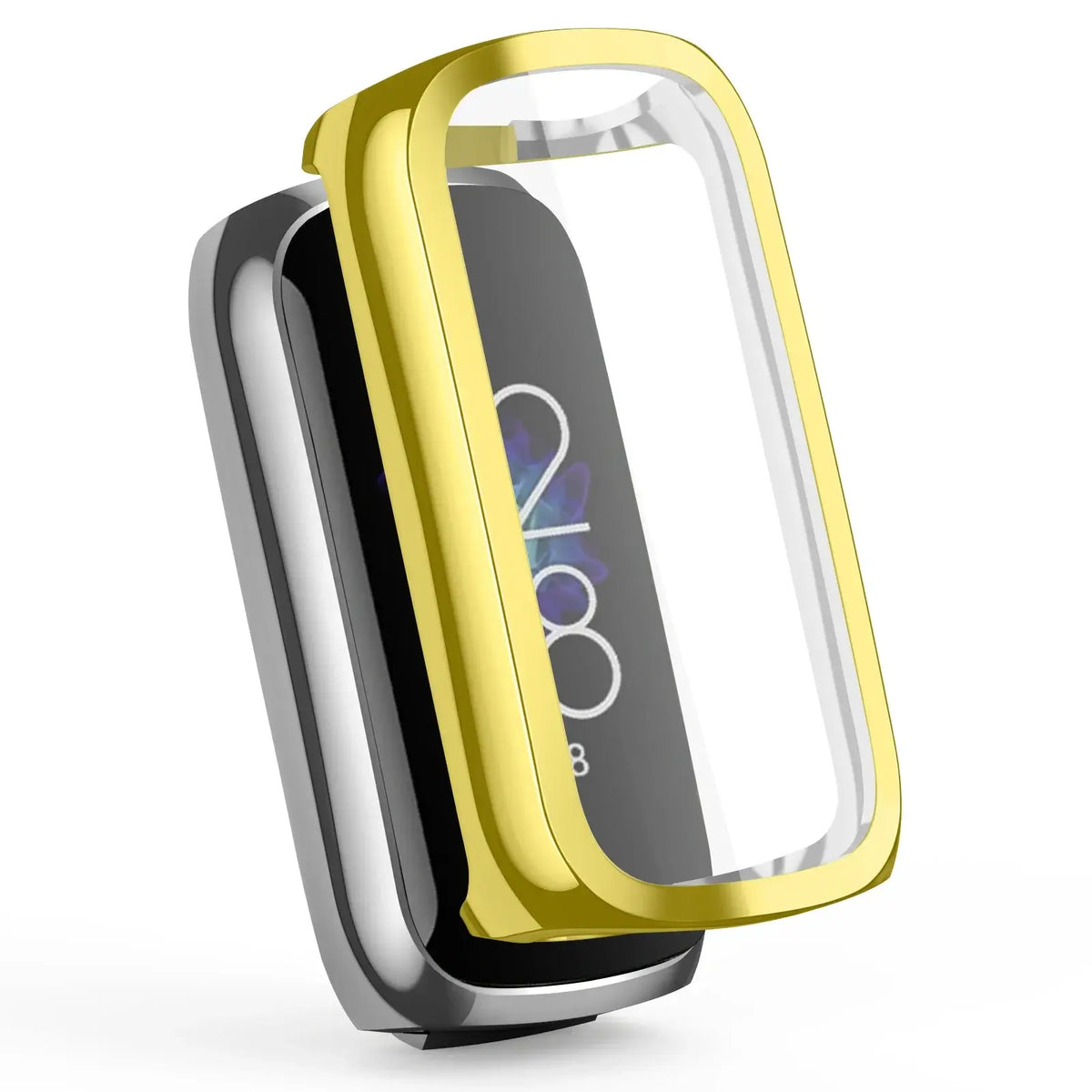 Stylish case and screen protector for Fitbit Luxe in gold and black, enhancing fitness wear with elegance and protection.