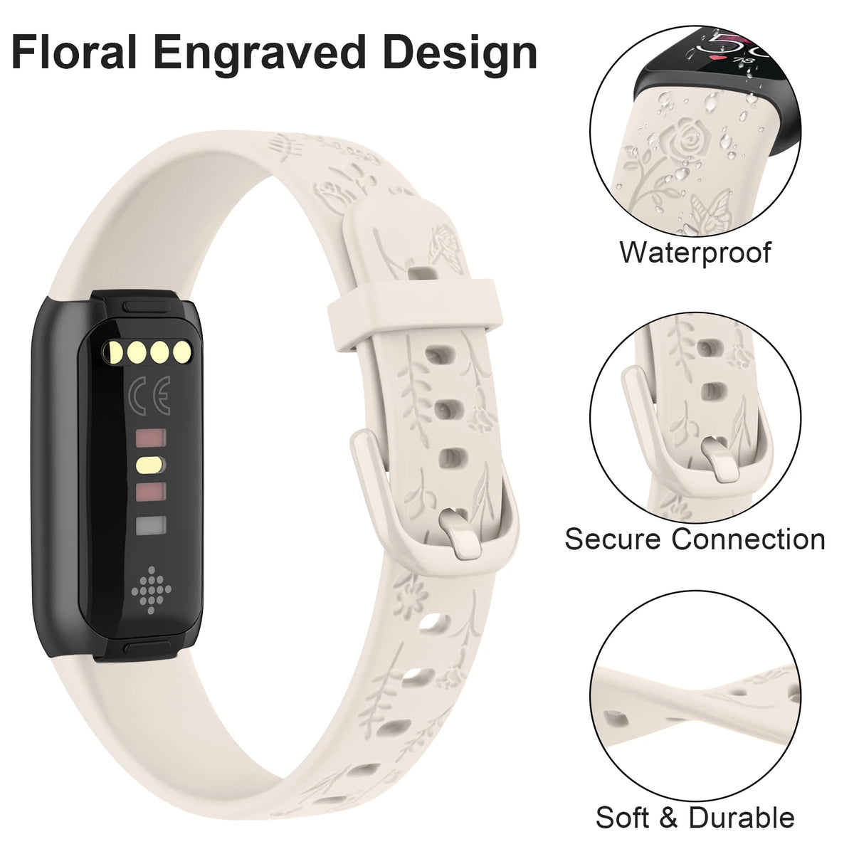 Fitbit Luxe Floral-Engraved TPU Band - Cream floral engraving detail