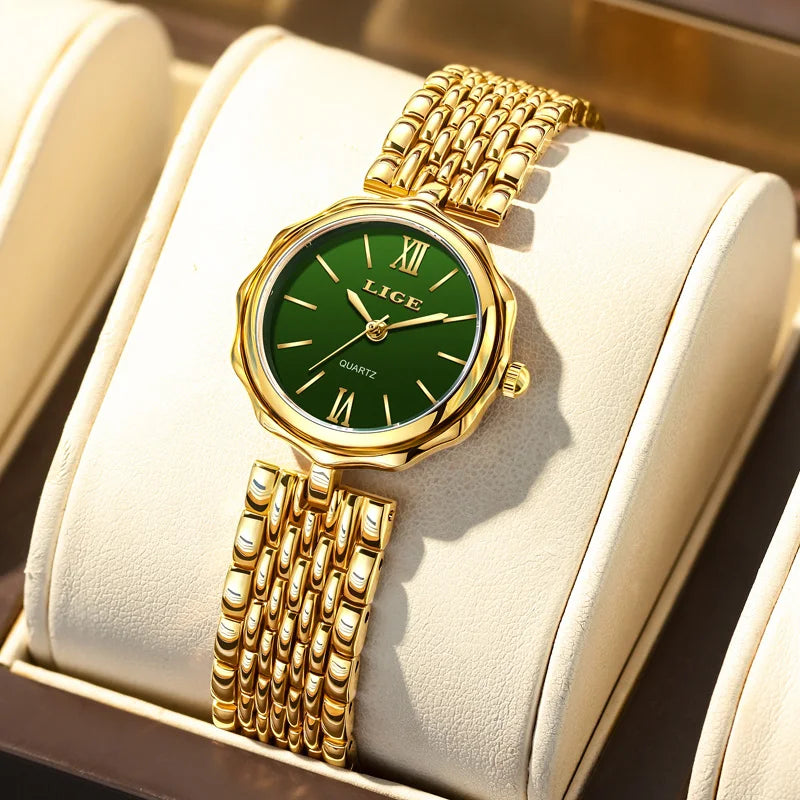 Women's Roman Dial Link Bracelet Quartz Watch — Gold Tone / Green Dial — BandsCo Straps