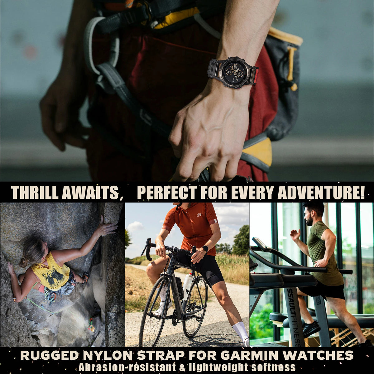 Garmin 26mm Nylon Band with Contrast Trim band shown during outdoor and exercise activities