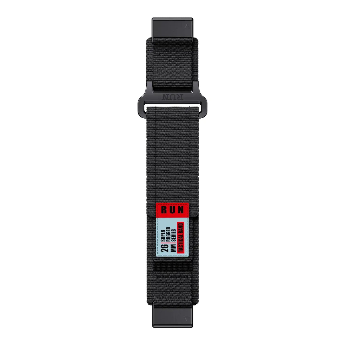 Garmin QuickFit Nylon Sports Loop Band black strap laid flat with RUN patch