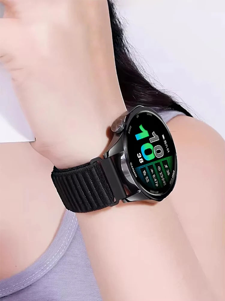 Polar Ribbed Nylon Sport Loop Watch Band — Black strap shown on wrist