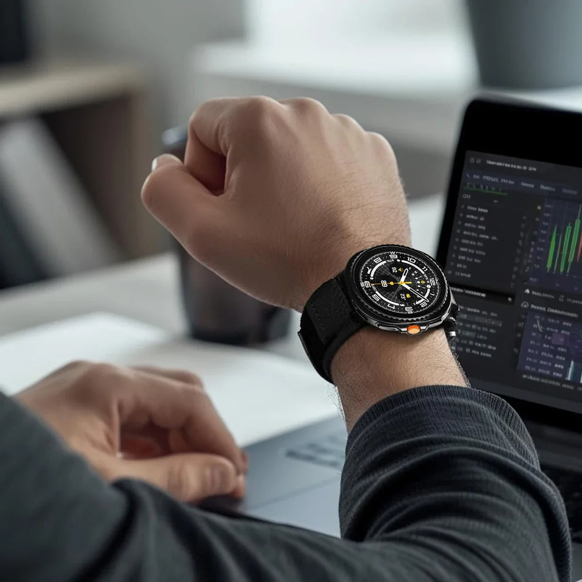 RUN nylon watch band worn at a desk for Samsung Galaxy Watch8, Watch8 Classic and Watch9