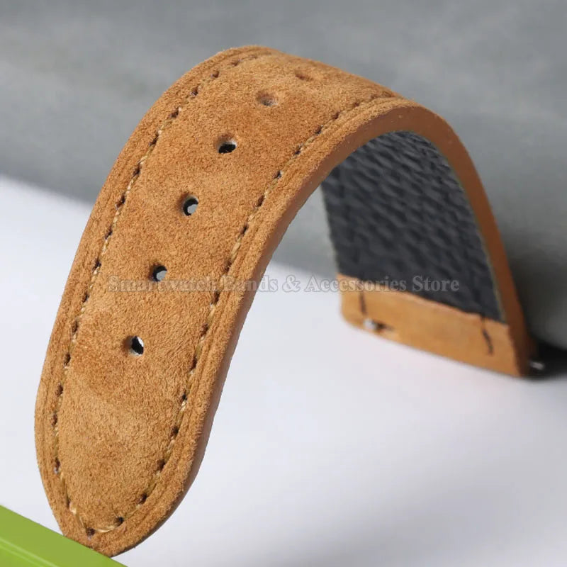 OnePlus Smartwatch Vintage Suede Leather Band Quick Release Strap in tan with stitching detail and attachment.