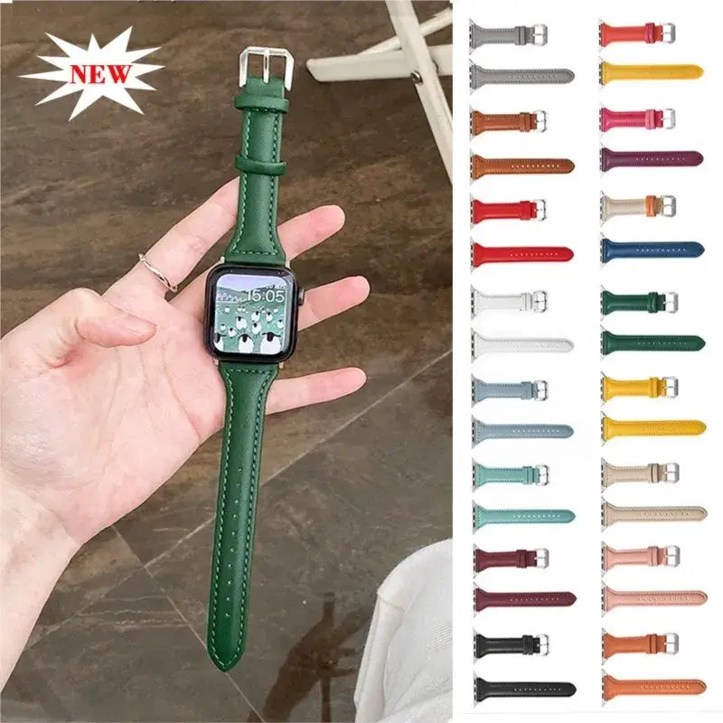 Green leather Apple Watch strap held in hand with color preview column