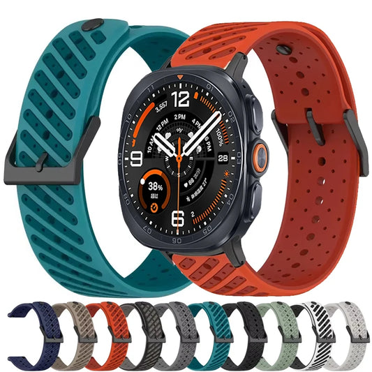 Samsung Galaxy Silicone Sport Watch Band - Watch 8/8 Classic/9 Ultra/Ultra2 Breathable in multiple colors with smartwatch.