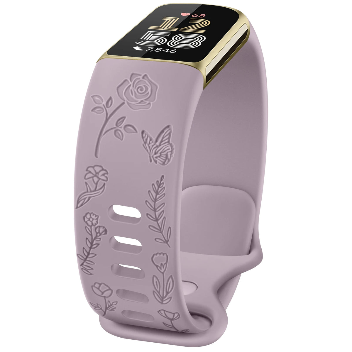 Light Purple Fitbit Charge 5 and 6 Floral Engraved Band, Soft TPU
