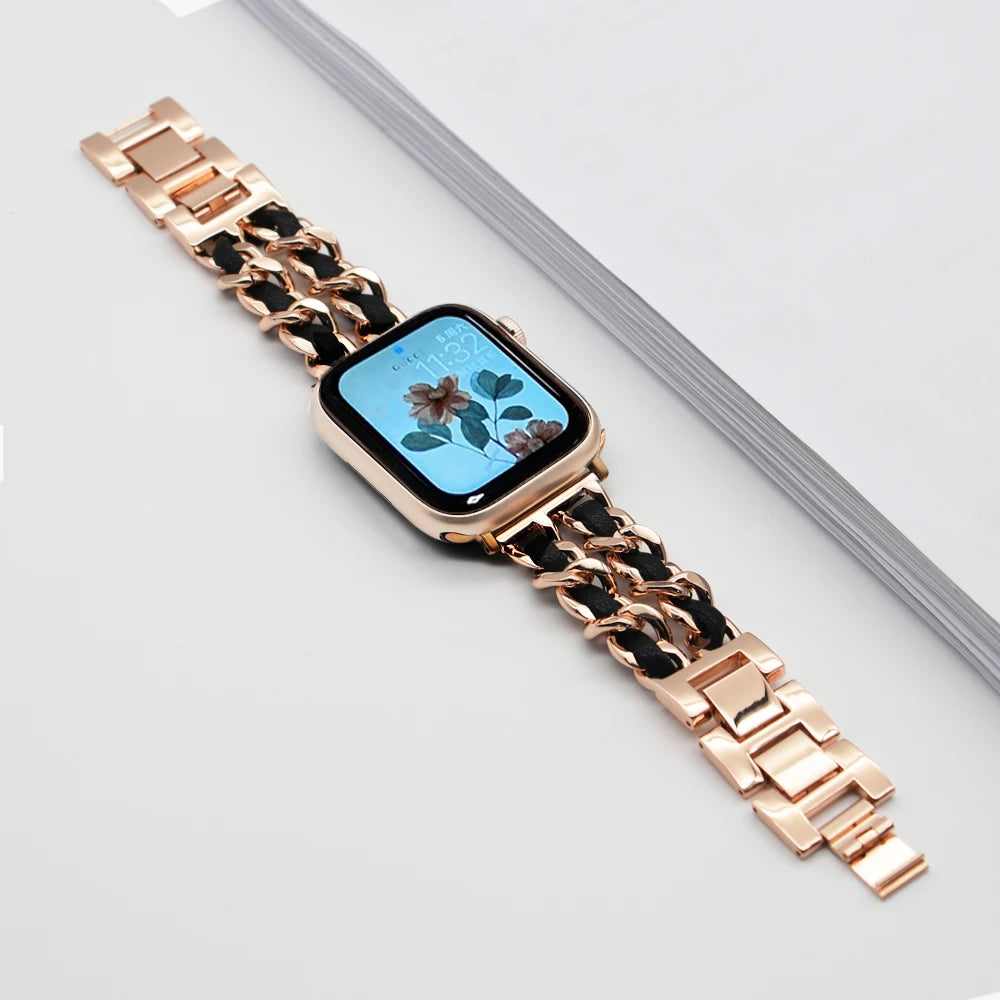 Rose gold chain bracelet with black woven accents for Apple Watch