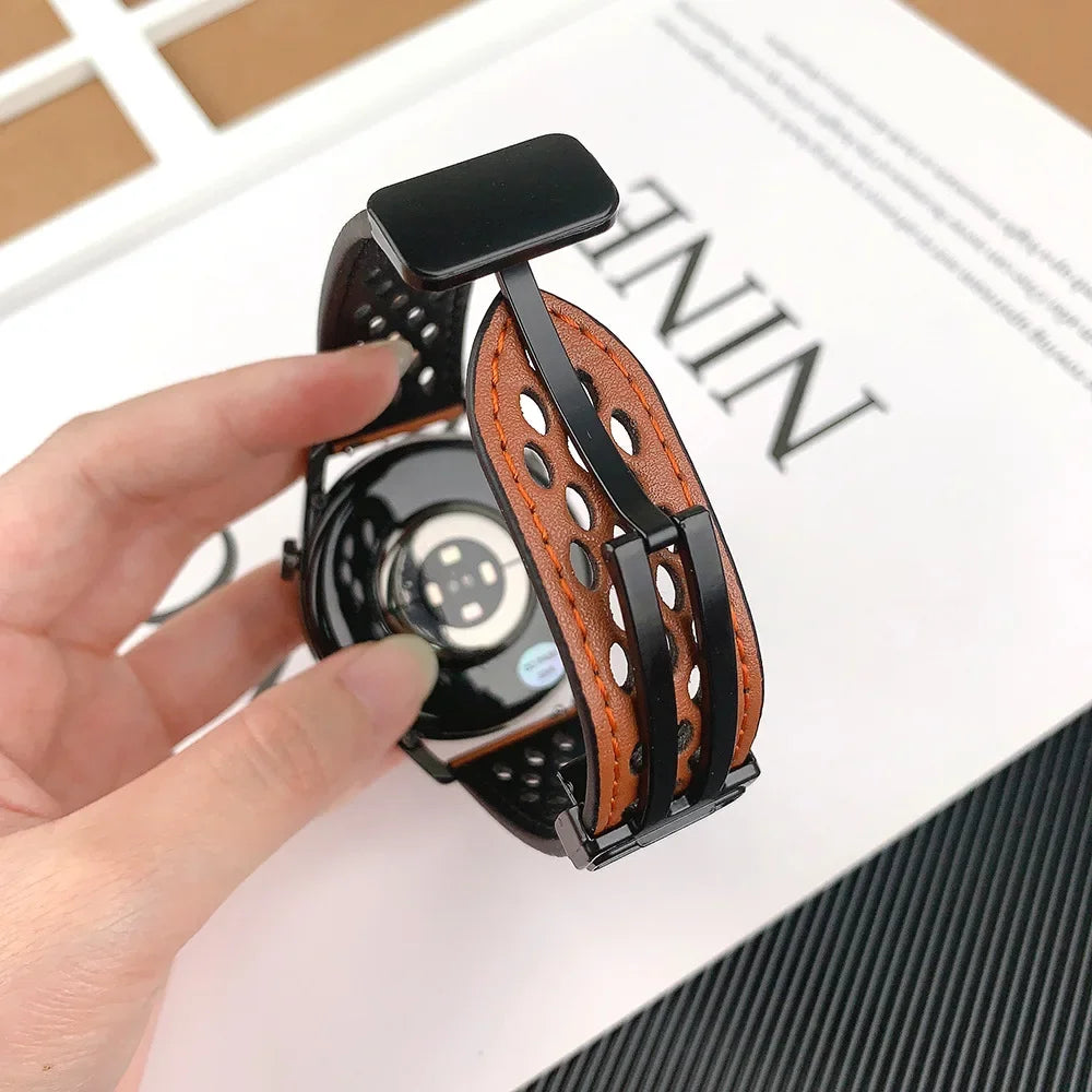 Samsung Galaxy Perforated Sport Watch Band - Magnetic 8/9/Ultra/Ultra2 shown in hand with breathable leather design.