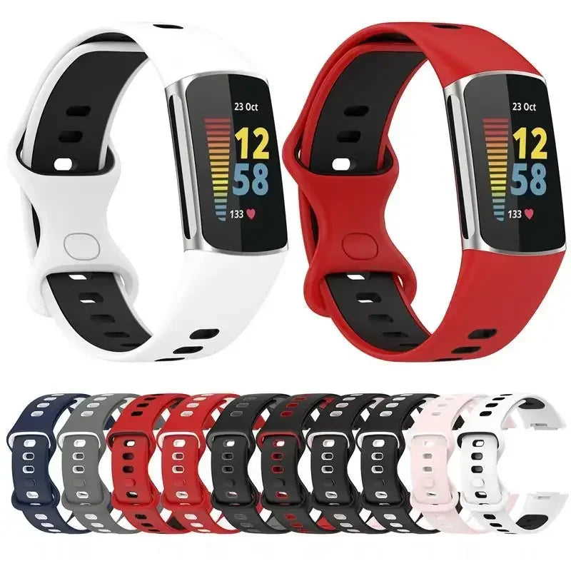 Fitbit Charge 5/6 Two-Tone Silicone Pin Band - White and red bands with color options