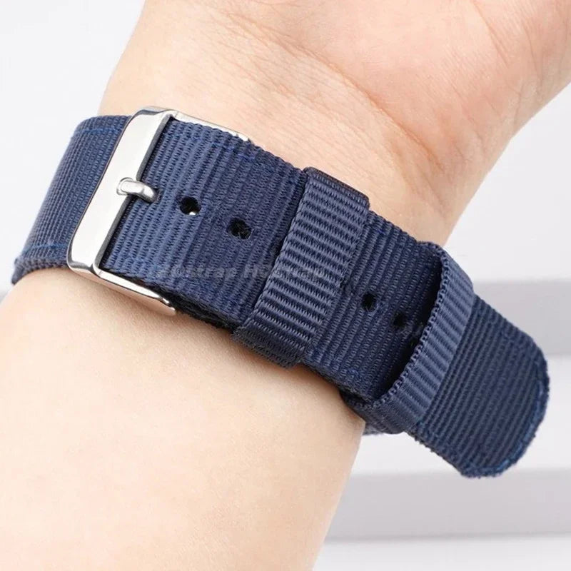 Garmin Woven Nylon Band in navy blue worn on a wrist