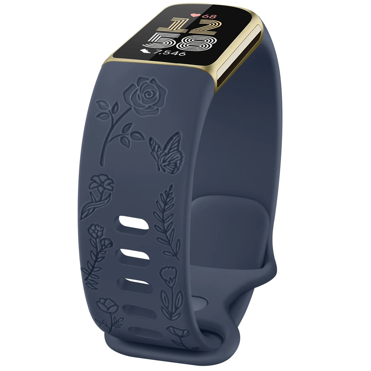Navy Blue Fitbit Charge 5 and 6 Floral Engraved Band, Soft TPU