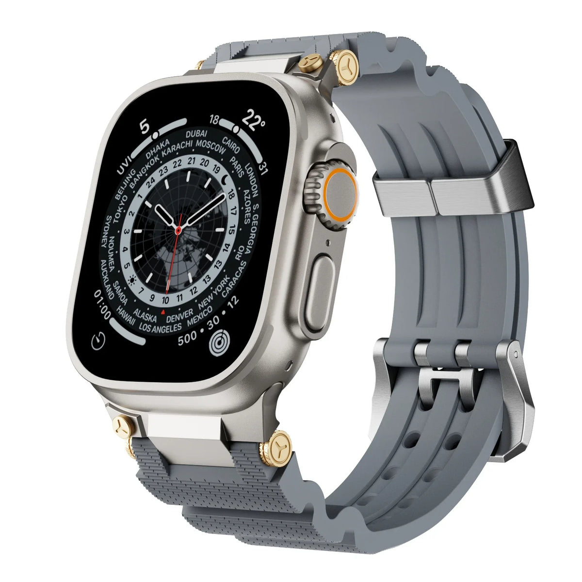 Textured Silicone Apple Watch Band with Double-Prong Buckle in Titanium Tone / Gray