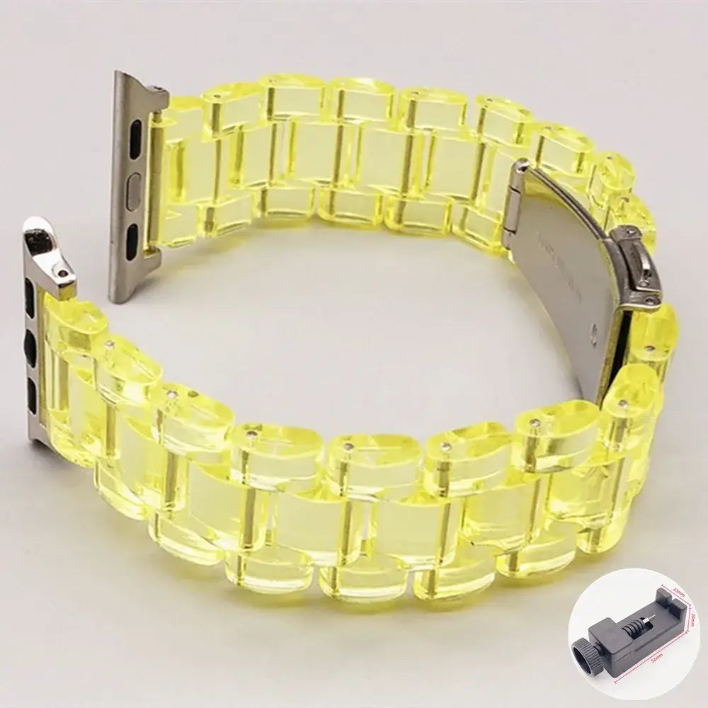 Clear Yellow resin Apple Watch link band with adjustment tool