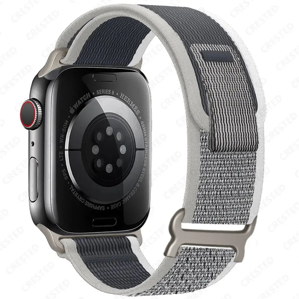 Charcoal / Light Gray woven nylon Apple Watch band with pull tab