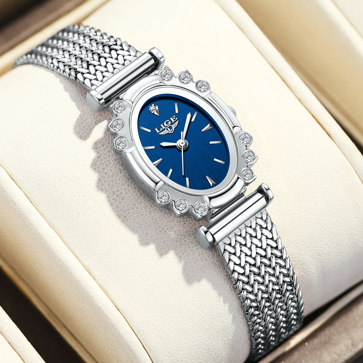Women's Oval Crystal Bezel Mesh Watch — Blue oval dial and crystal bezel — BandsCo Straps