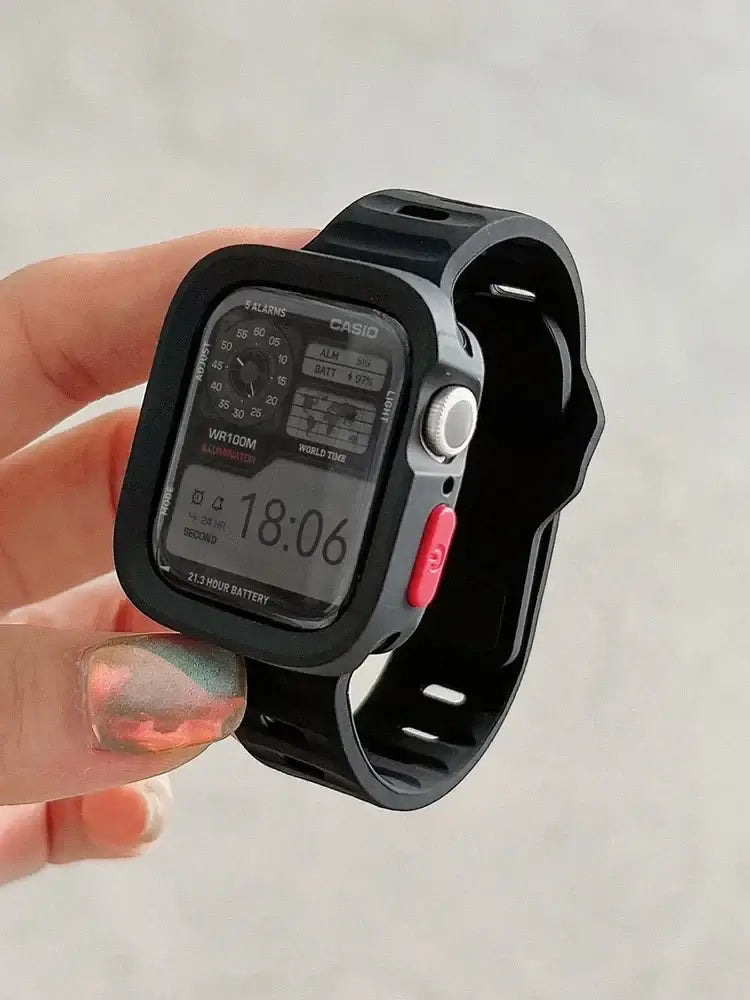 Black Apple Watch silicone band and bumper case; case color listed first for two-color combinations.