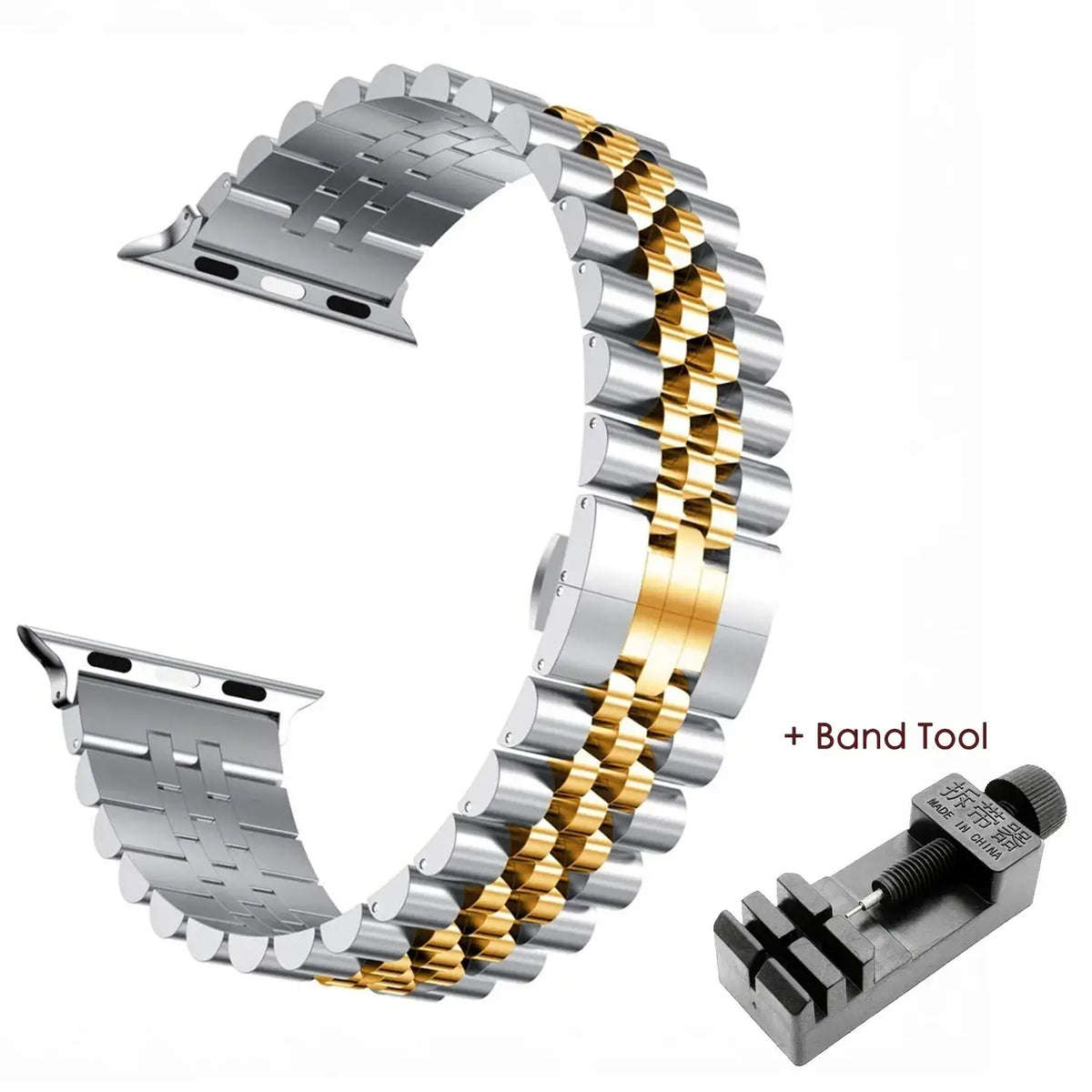 Rose Gold five-row stainless steel Apple Watch band with adjustment tool