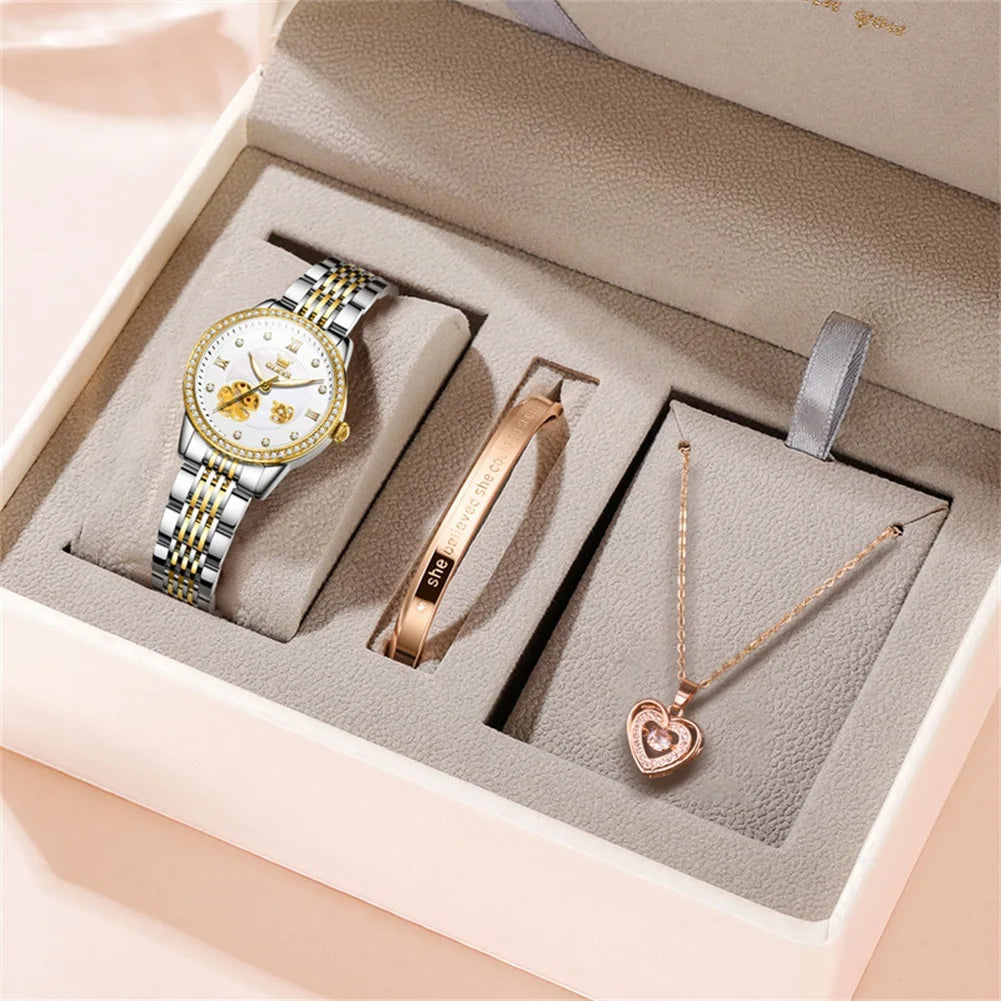 Women's Floral Openwork Automatic Bracelet Watch — White watch styled beside jewelry — BandsCo Straps
