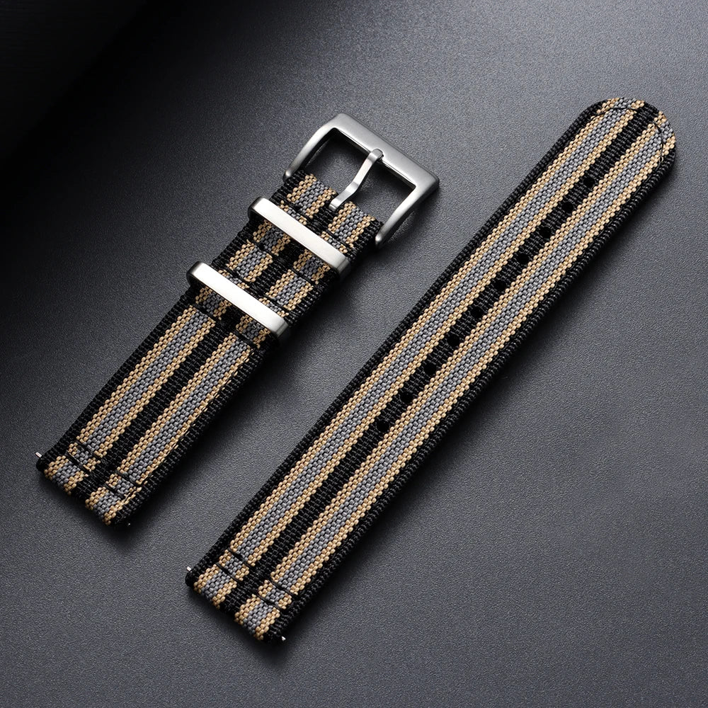 Motorola Moto Ribbed Nylon Band with Metal Keepers — Black / Khaki / Gray Stripes