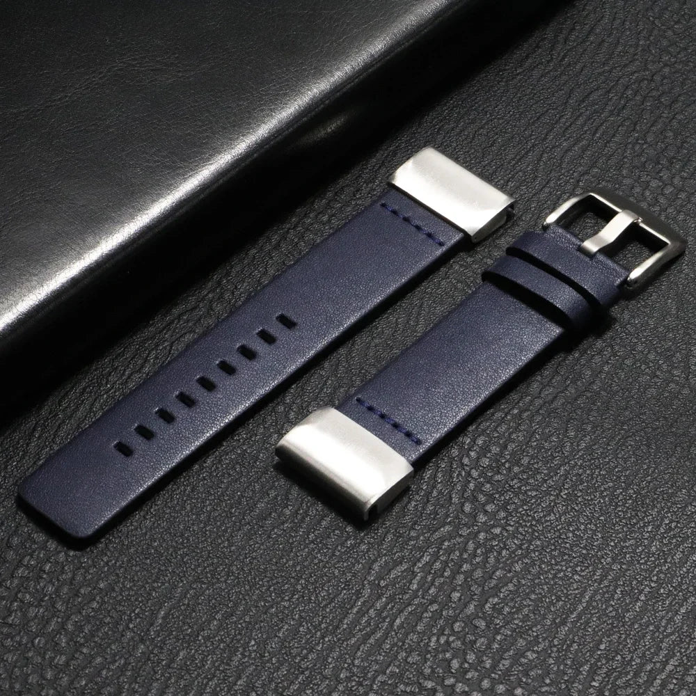 Garmin QuickFit Classic Leather Pin-Buckle Band in Navy / Silver
