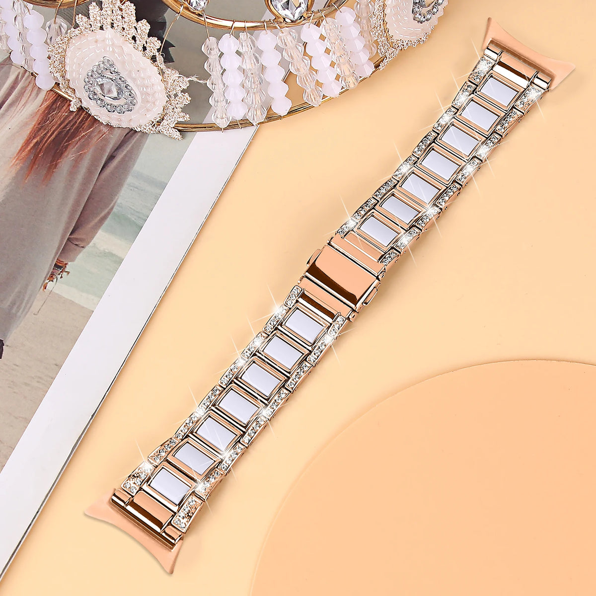 Rose Gold / White Google Pixel Watch 5, 4 and 3 41mm Resin Inlay Link Bracelet Band