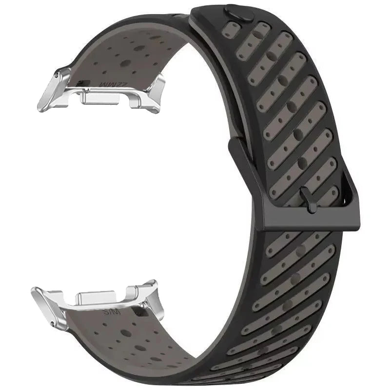 Samsung Galaxy Silicone Sport Watch Band - Watch 8/8 Classic/9 Ultra/Ultra2 Breathable in black gray-silver with vent slits.