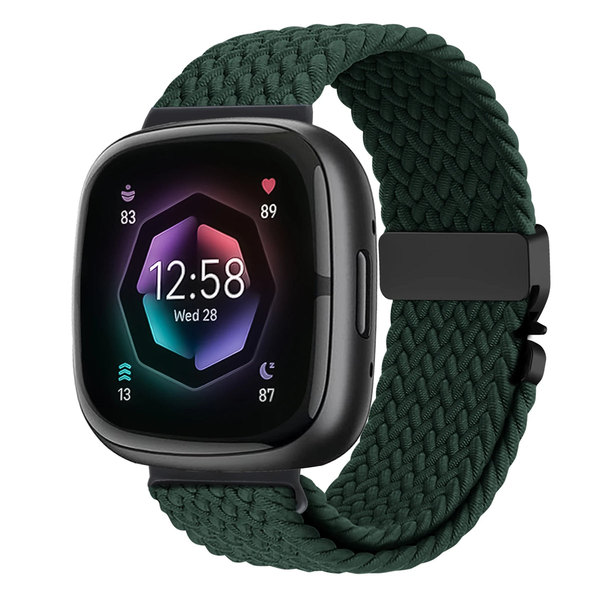 Forest Green Fitbit Versa 4, Versa 3, Sense 2 and Sense Braided Band, Parachute Clip