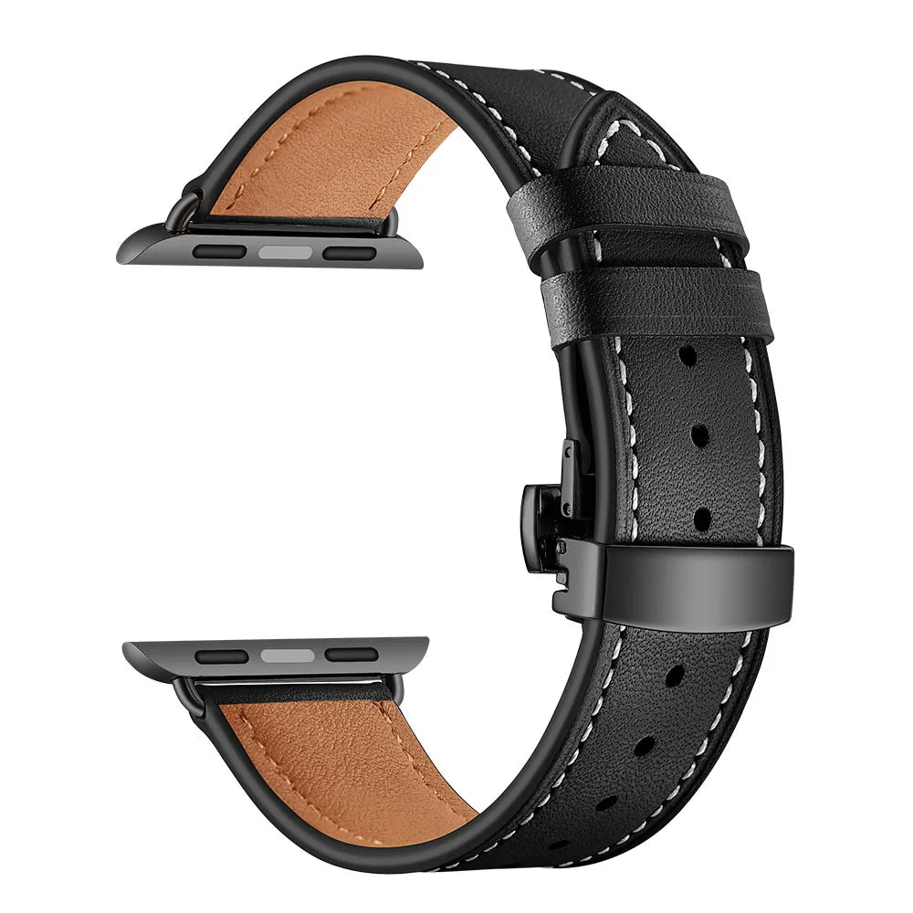 Contrast-Stitched Leather Apple Watch Band with Folding Clasp in Black / Black