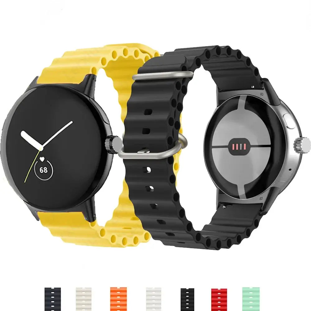 Yellow and black ribbed silicone Pixel Watch bands with color previews