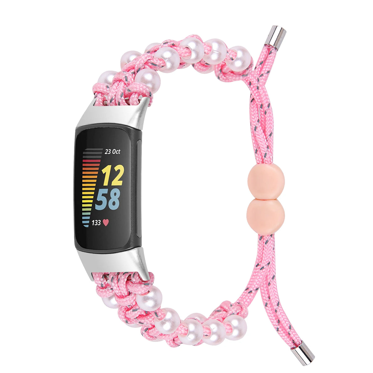 Pink Fitbit Charge 6, 5, 4, 3 and 2 Braided Rope Band with Pearl-Style Beads