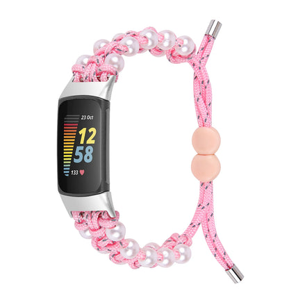 Pink Fitbit Charge 6, 5, 4, 3 and 2 Braided Rope Band with Pearl-Style Beads