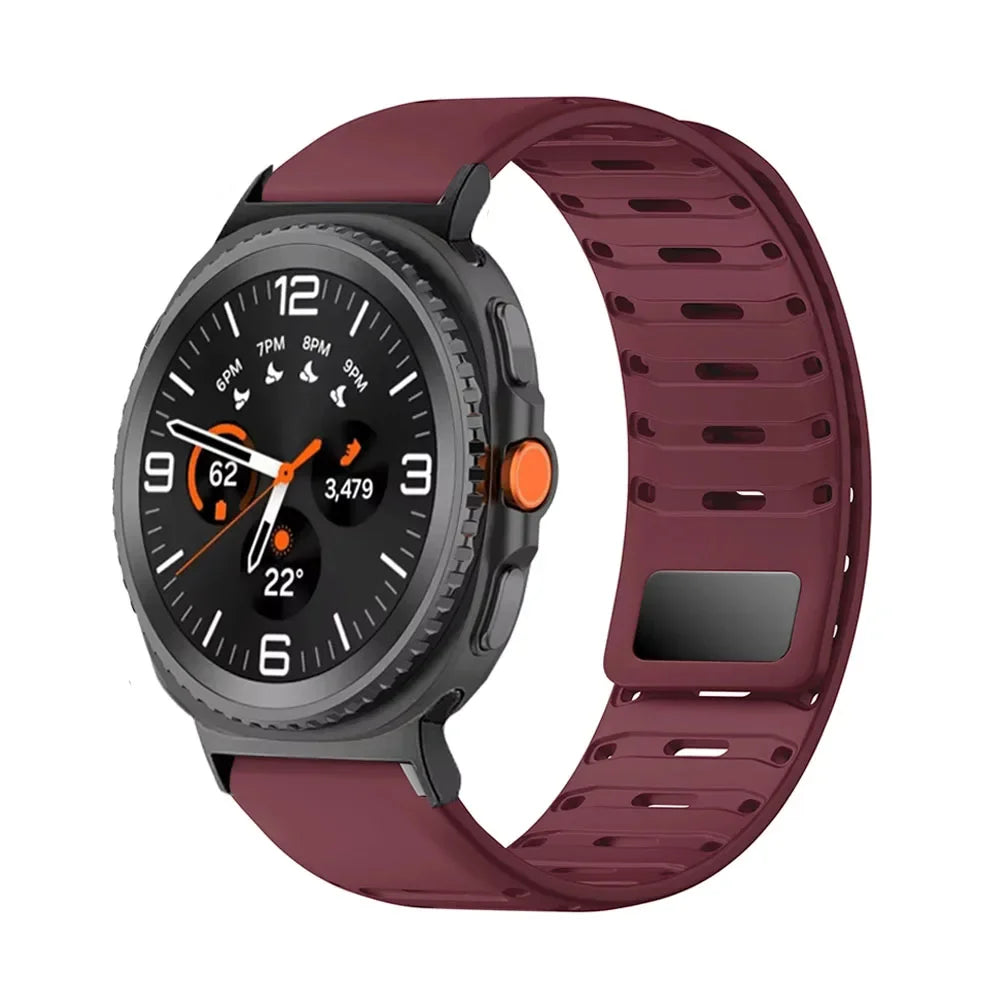 Samsung Galaxy Silicone Watch Band - Magnetic Watch8/Watch8 Classic/Watch9/Ultra/Ultra2 in wine red on smartwatch.