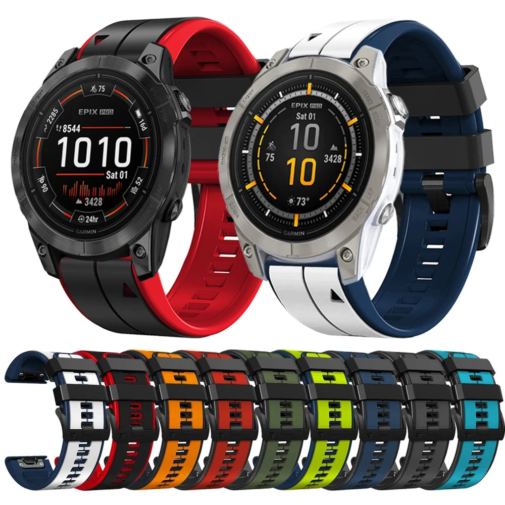 Garmin QuickFit Contrast-Panel Silicone Band two-tone straps shown on watches with color previews