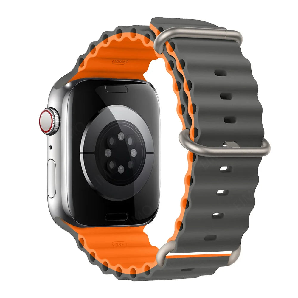 Ribbed Silicone Apple Watch Band with Adjustable Metal Loop in Gray / Orange