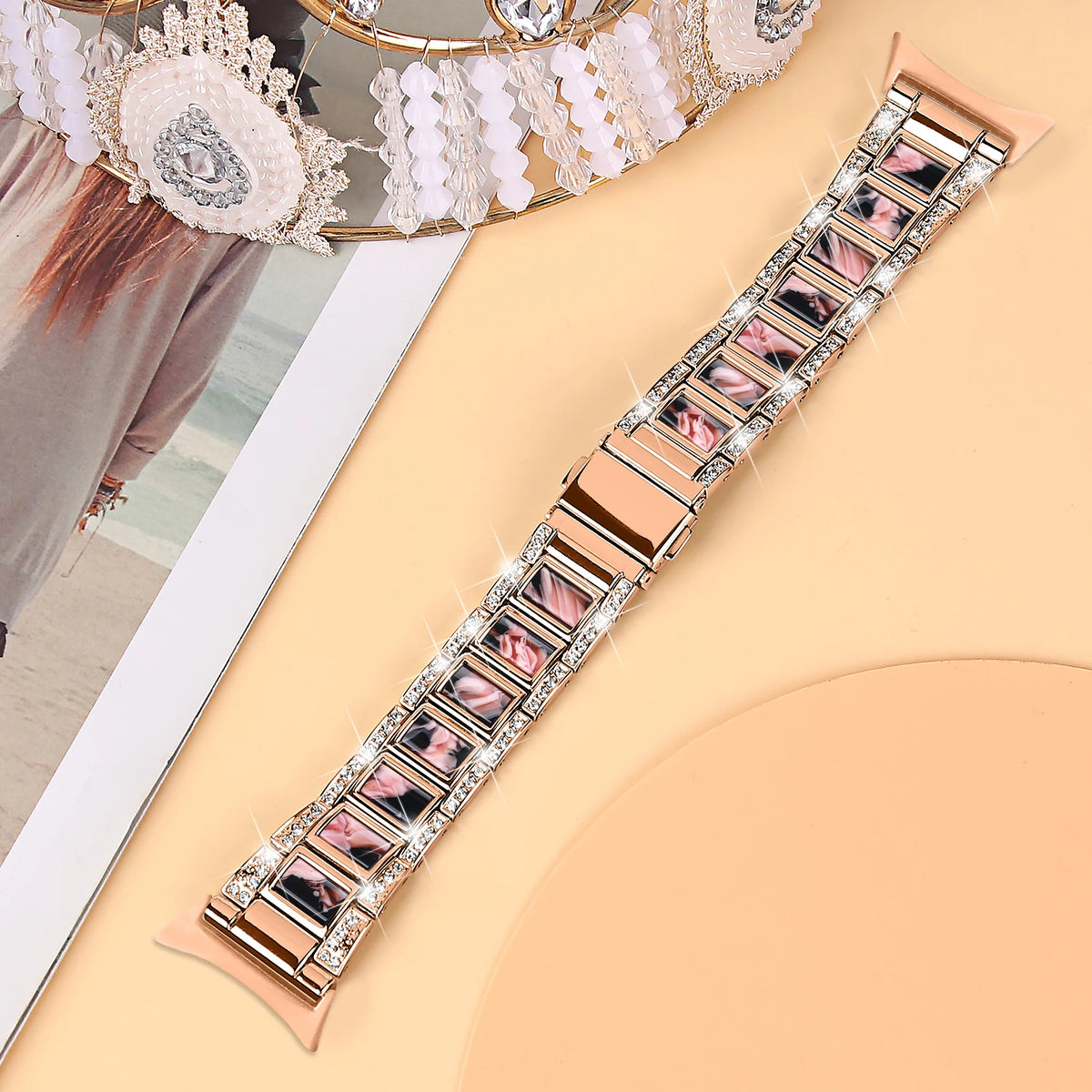 Rose Gold / Black / Pink Google Pixel Watch 5, 4 and 3 41mm Resin Inlay Link Bracelet Band